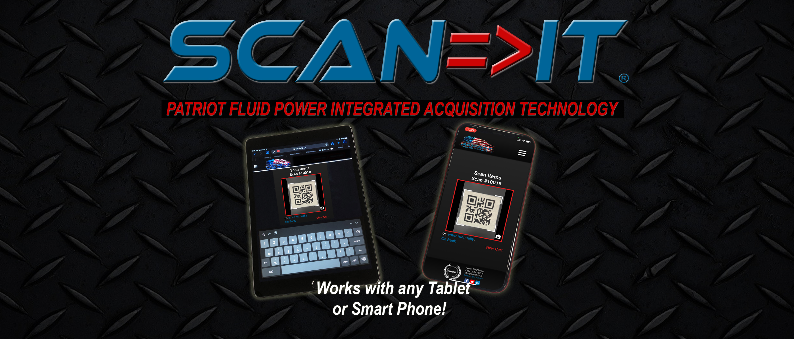 Scan It advertisement showing Scan It on multiple sized mobile devices and other branding.