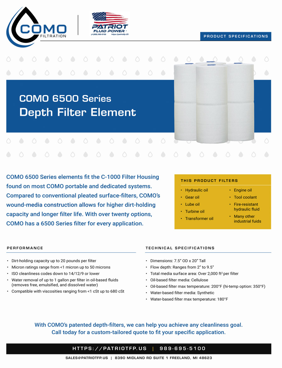 An image preview of Patriot Fluid Power literature 6500 Series Filters