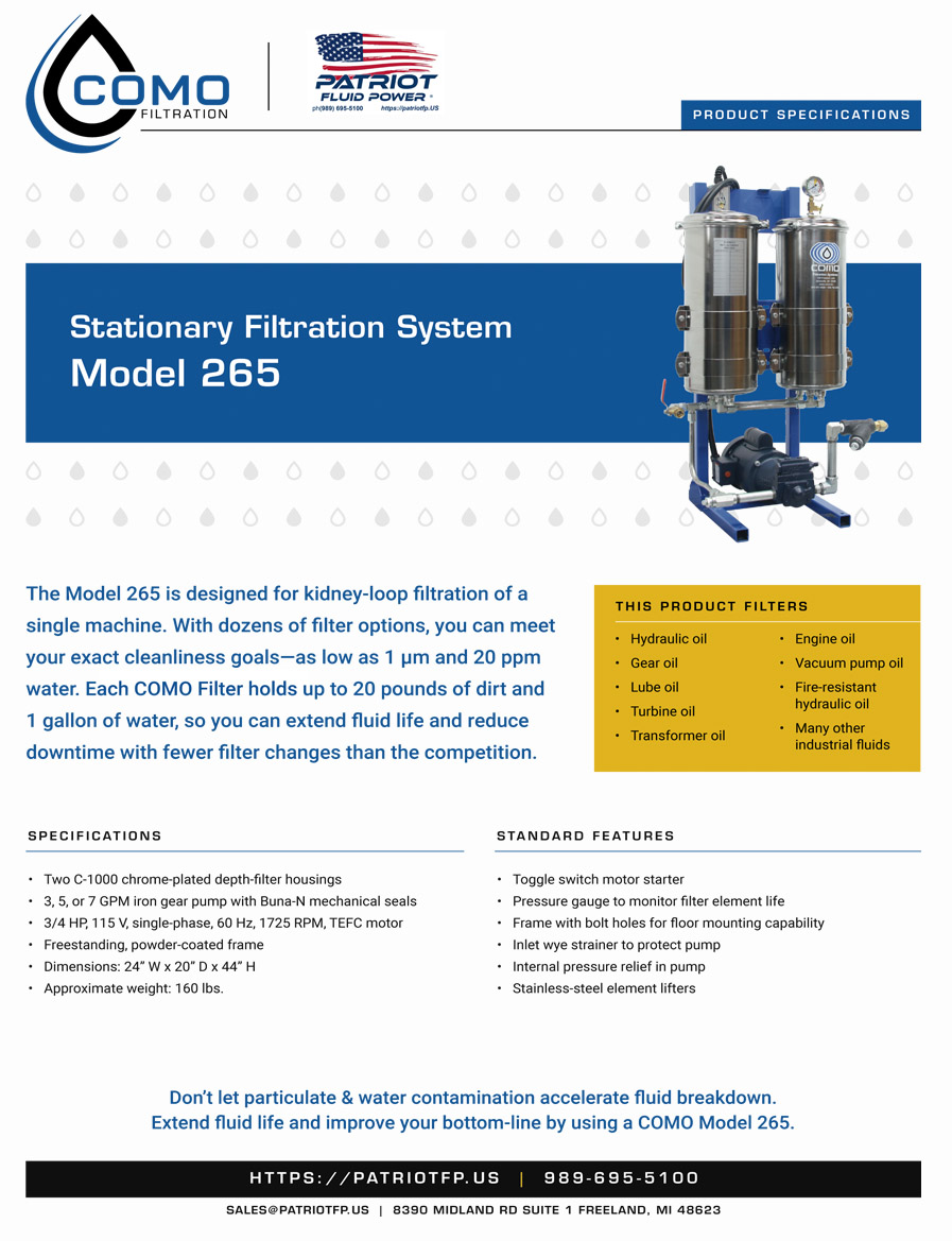 An image preview of Patriot Fluid Power literature Model 265