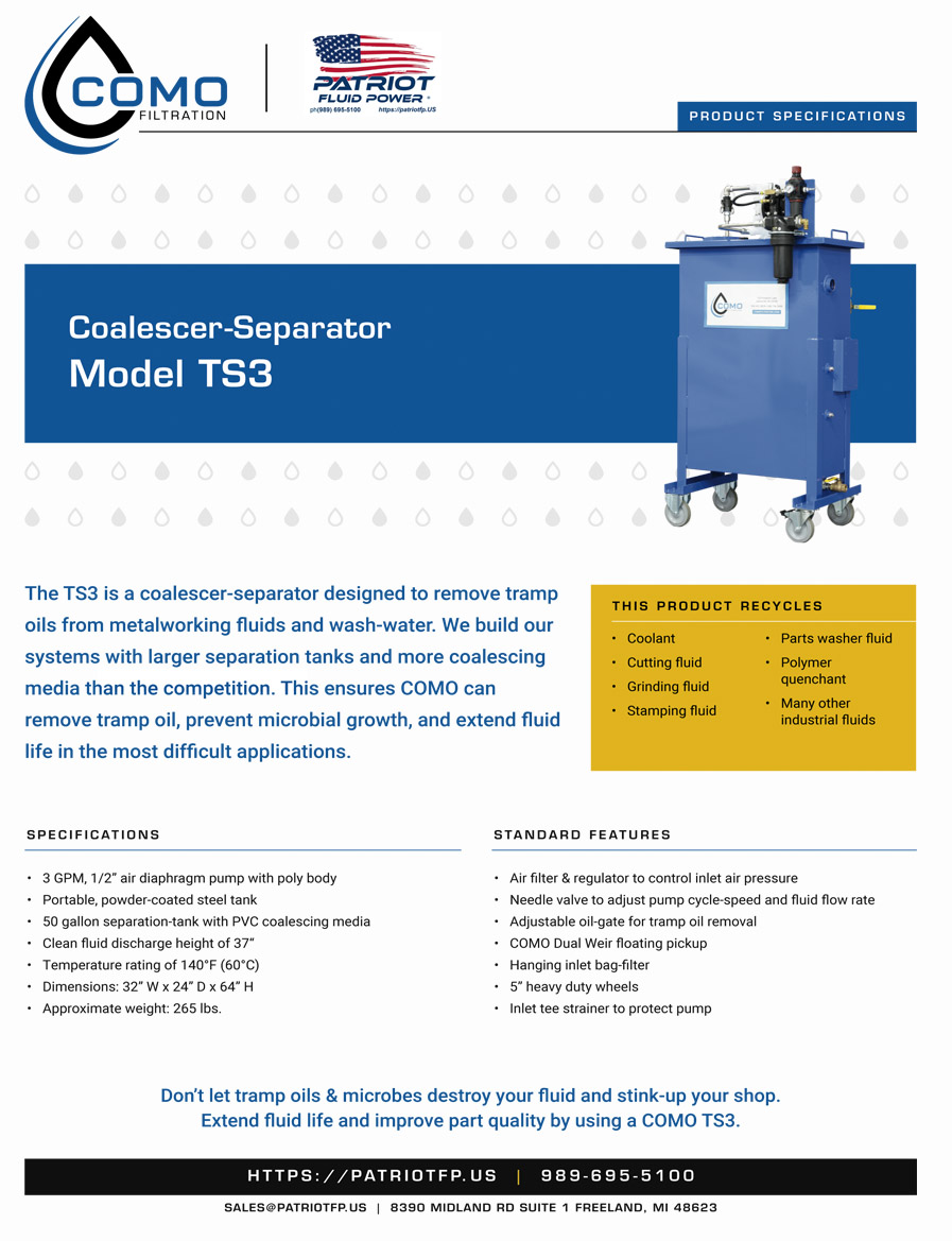 An image preview of Patriot Fluid Power literature Coalescer-Separator Model TS3