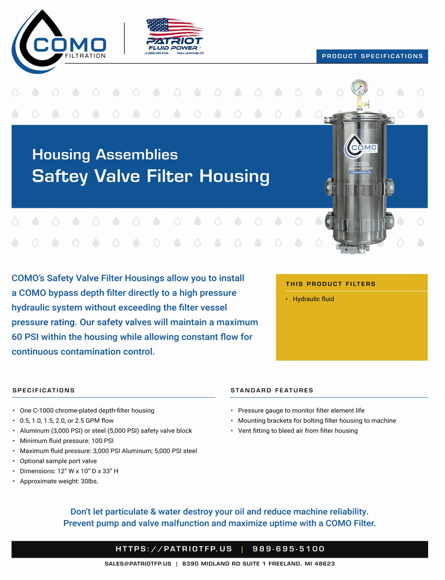 An image preview of Patriot Fluid Power literature Safety Valve Filter Housing